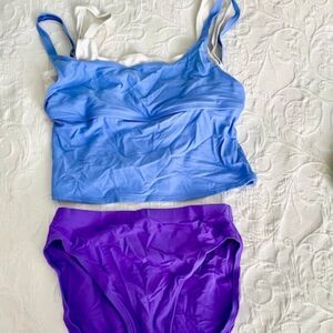Anne Cole Blue White Purple Layered Tankini Bathing Swim Suit Bikini Size 14
